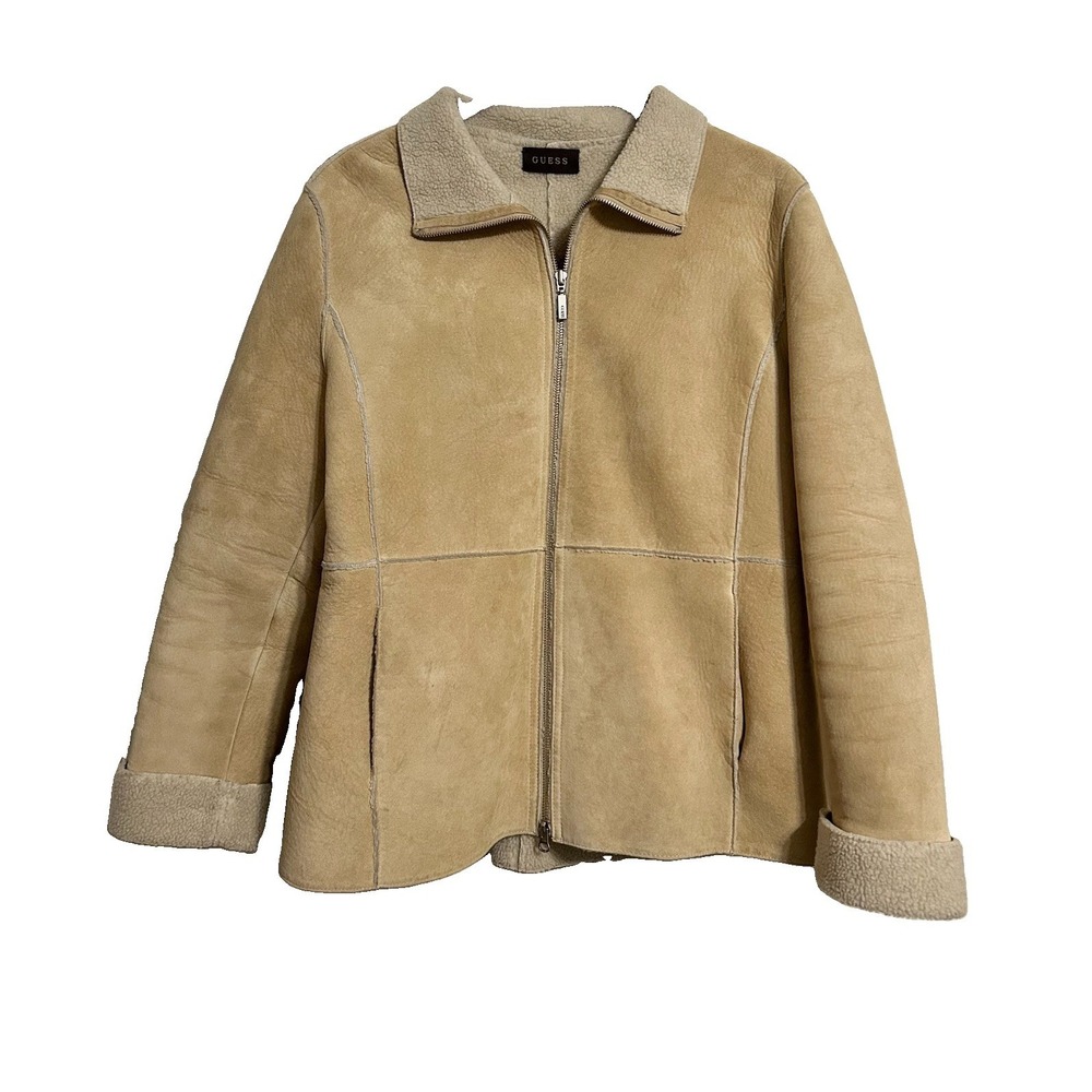 Vtg Guess Jacket Womens L Tan Genuine Leather Faux Fur Lined Suede Zip Jacket